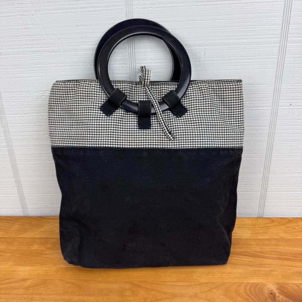 Black Gingham Canvas Handbag Round Ring Handles Tie Closure Vintage Mid Century